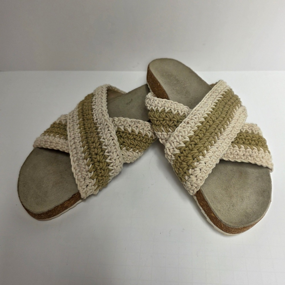 Beck Sondergaard Crochet Slide Sandals Cream Lt Olive Green Striped Boho Size 39